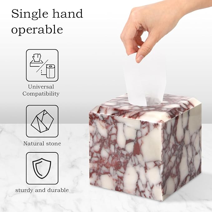 Natural Marble Square Tissue Box Cover ,Stone Modern Decorative Sturdy Napkin Box Holder Case,Facial Paper Organizer for Bathroom Vanity Toilet Countertop,Kitchen (1, Calacatta Viola, 5.71*5.71*5.51)