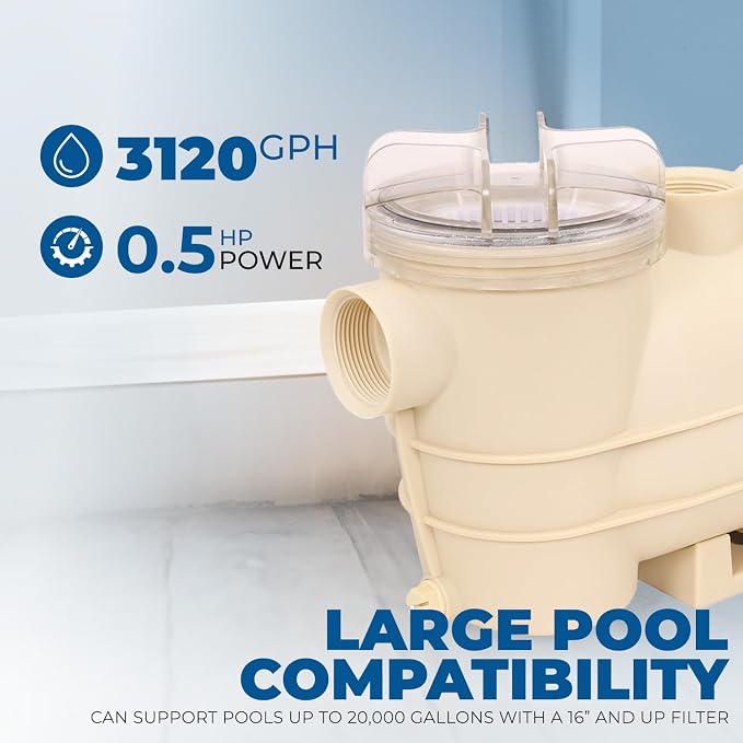 XtremepowerUS 1/2HP Swimming Pool Pump for Above Ground Self Primming High-Flow Pump Pool Spa Pond 1.5-inch Inlet/Outlet (3120 GPH, Timer, 115V)