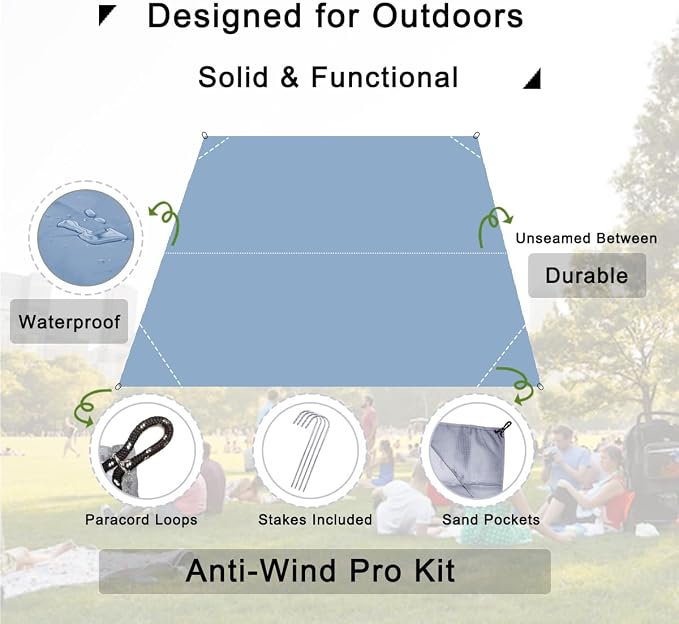 Outdoor Pocket Blanket, 55"x60" Waterproof Foldable Compact Small Picnic Blanket, Ultralight Tarp for Camping, Festival, Beach, Hiking, Backpacking, Travel, Stakes Included (Grey)