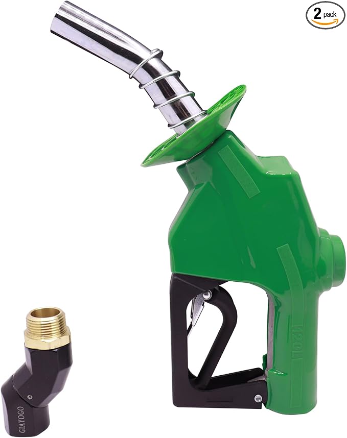 1" Inch NPT Fuel Nozzle Automatic Shut-Off Green Gas Pump Heavy Duty Nozzle with Fuel Hose Swivel & Splash Guard 19/16 Inches Spout (OD=30mm) Three Notch Hold Open Clip Used For Diesel Petrol