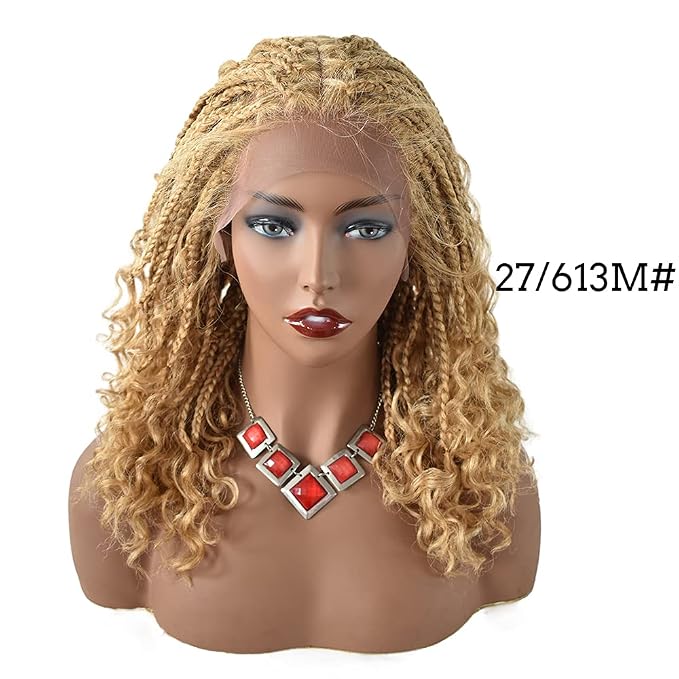 Lace Braids Wig For Black Women Box Braided Wigs Curly Swiss Lace Front Braid Wigs Hand Tied Micro Twist Braiding Wig Knotless Synthetic Braids Wig With Baby Hair (LL602483C, #27/613M)