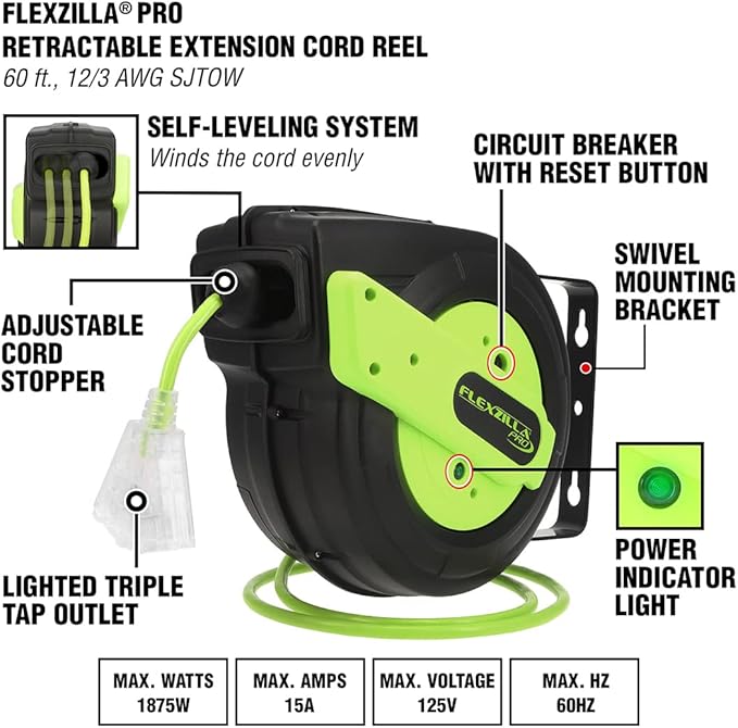 Flexzilla Retractable Extension Cord Reel, 12/3 AWG SJTOW Cord, 60', Grounded Triple Tap Outlet, ZillaGreen, FZ8120603