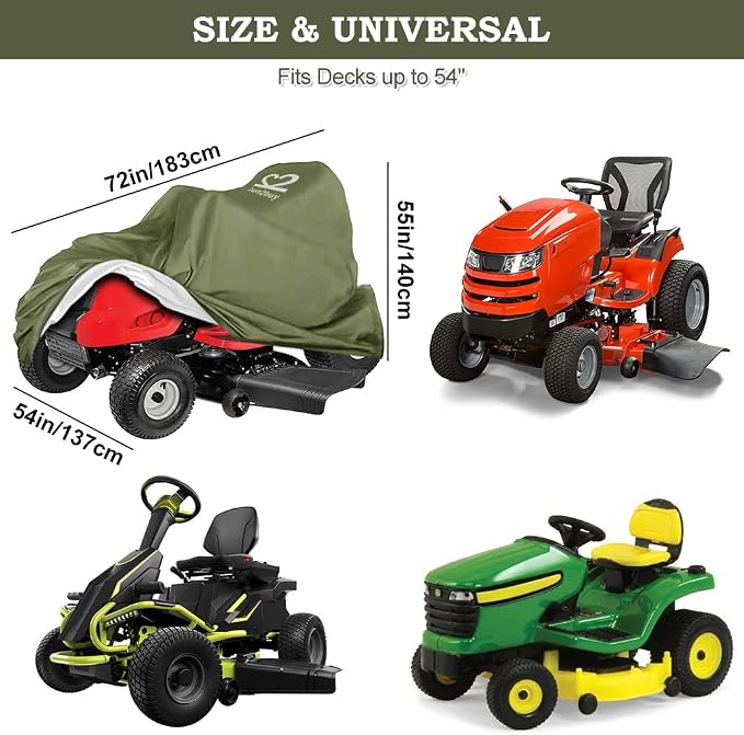 Riding Lawn Mower Cover, Heavy Duty 600D Lawnmower Covers Waterproof Outdoor Lawn Tractor Cover Tarp All Weather Ride on Mower Covers Universal Fit Decks up to 54" with Elastic Cord & Storage Bag