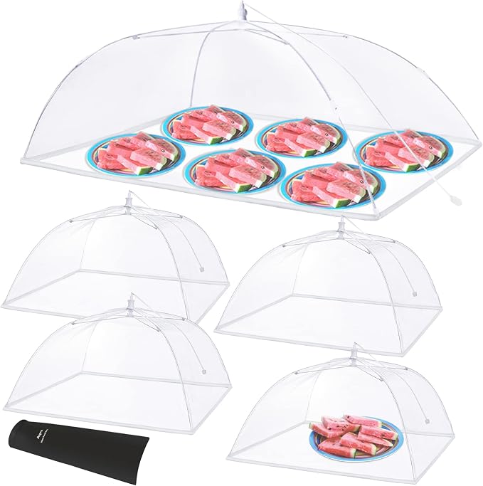 Anpro Food Covers for Outdoors - 1 Extra Large (40"x25") + 4 Large (17"x17") Pop-Up Mesh Food Tents, Collapsible Reusable Bug-Proof Nets for Picnics, BBQs & Camping, Stainless Steel Frame