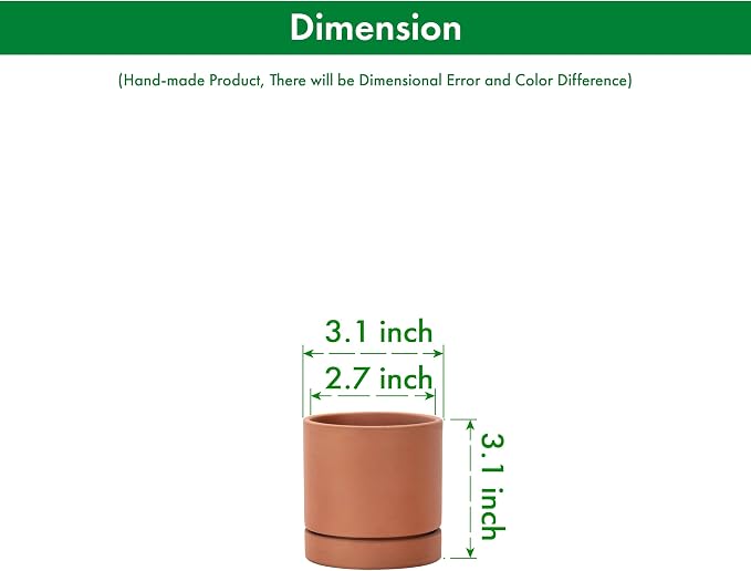D'vine Dev XX-Small 3 Inch Terracotta Plant Pot with Drainage Hole and Saucer, Round Cylinder Planter Pot for Indoor Plants, Set of 2, 40-X-B-0