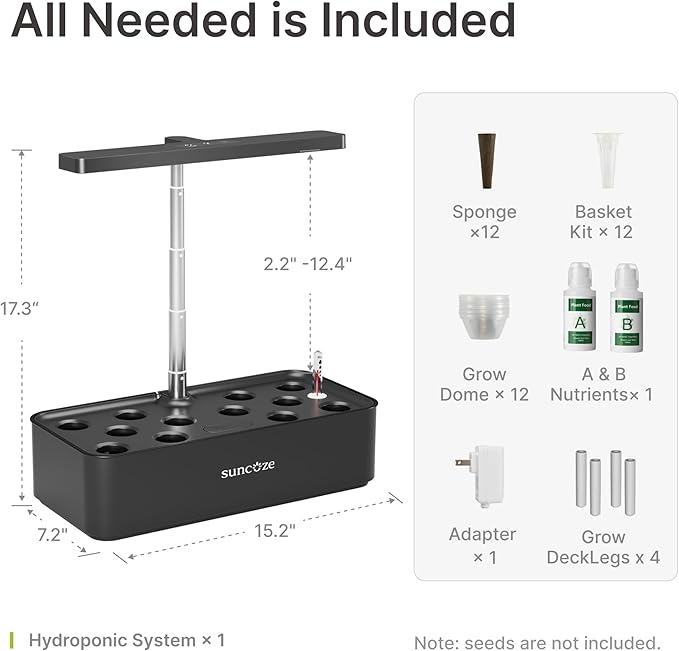 SUNCOZE Hydroponics Growing System, Compact 12 Pods Indoor Garden, Black | 24W LED Dimmable Grow Light, 4L Water Tank with Quiet Pump, Adjustable Height Herb Garden Planter Indoor Kit, Gardening Gifts
