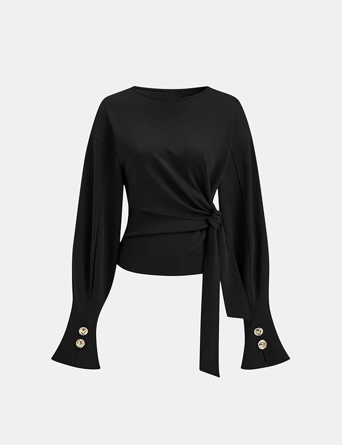 Dsewpaur Twist Knot Tie Front Sweatshirt Tops For Women Long Balloon Sleeve Crew Neck Pullover Casual Fall Outfits