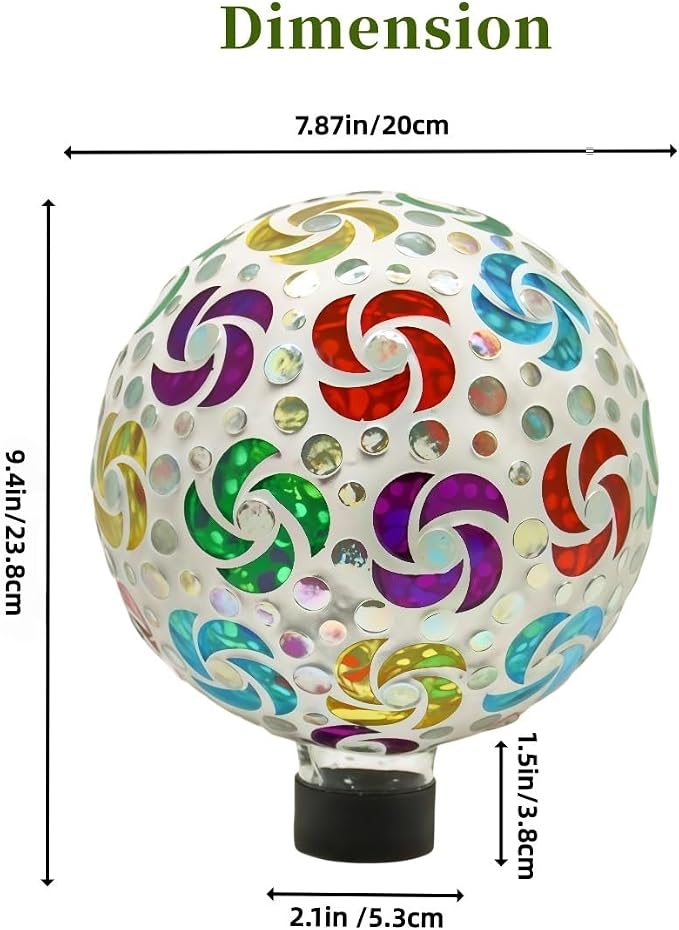 SAVENNA Mosaic Garden Gazing Ball, 8 Inch Decorative Glass Sphere for Outdoor Garden, Lawn & Patio, Fade-Resistant All-Season Yard Art, Multicolor Pinwheel Pattern