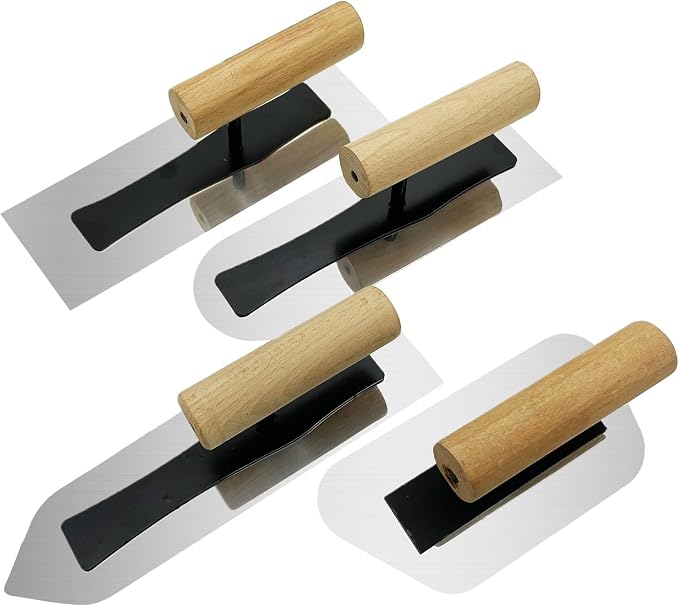 Plaster Finishing Trowel Set, 4 Pack Polished Stainless Steel Concrete Trowel with Wood Handle, 0.3mm Thickness Paint Plastering Hand Tool for Drywall Repairs and Spreading