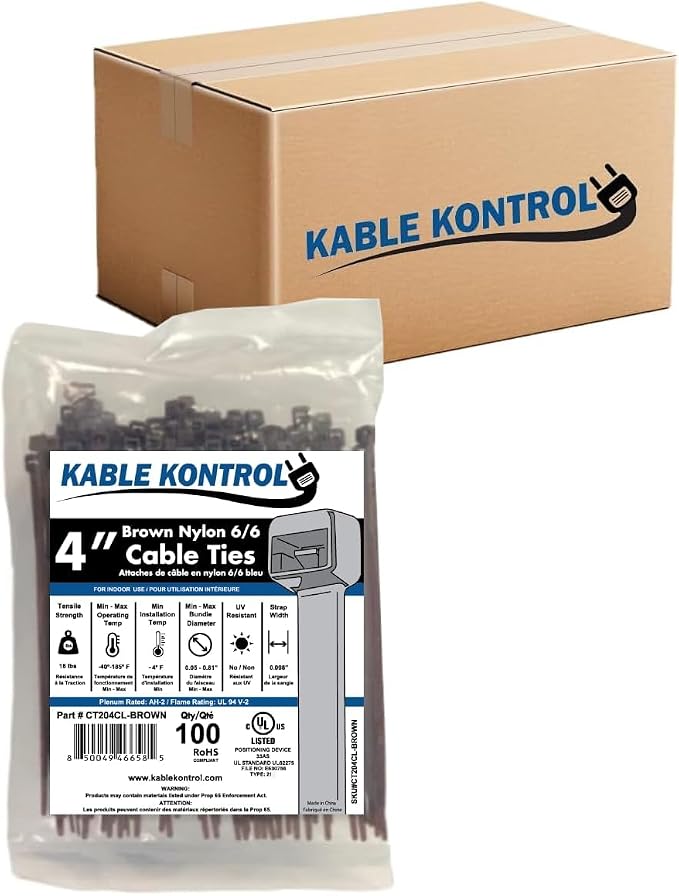 Kable Kontrol Brown Zip Ties 4 Inch 40,000 Pcs, 18 Lbs Tensile Strength, Bulk Pack, Self-locking Nylon Colored Cable Ties Wire Wraps for Indoor or Outdoor Use