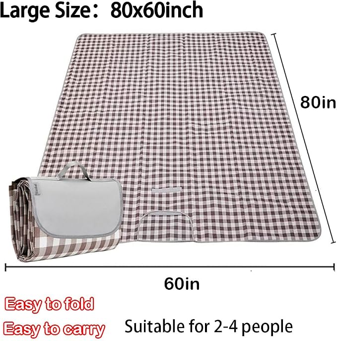 LRUUIDDE Oversize Picnic Beach Blanket, 80''x60'' Outdoor Waterproof Foldable Sandproof Blankets Plaid Picnic Mat for Beach Camping on Grass Picnic Blankets (Brown, 80x60in)