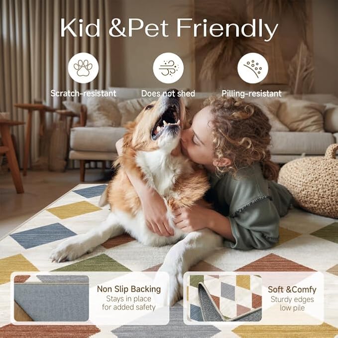 Colorful 5x7 Washable Area Rug Kids Room Non Slip Checkered Carpet | Soft, Low Pile, Easy Clean, Diamond Pattern for Living Room, Bedroom, Office, Nursery, Dining Room, Modern Indoor Decor