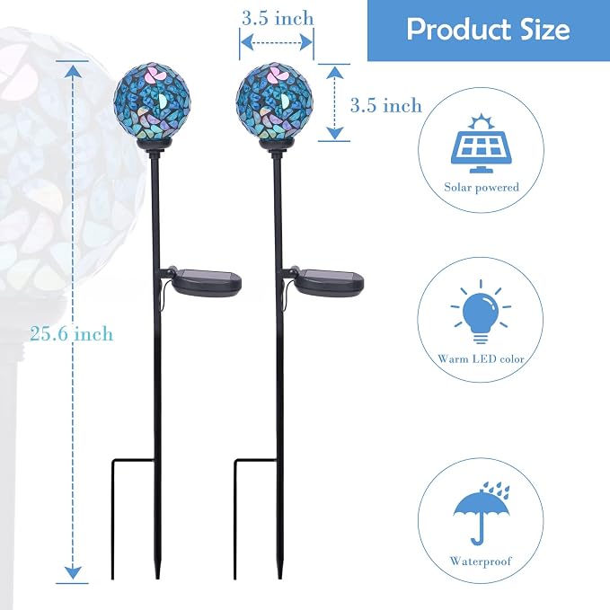 Solar Outdoor Decorative Light, Mosaic Stake for Yard Decor, 3.5" | 2 Pack Crackle Glass Sphere Mosaic Glass Ball Stake, Waterproof Design & Solar Lights for Lawn, Yard & Pathway Decor, Blue