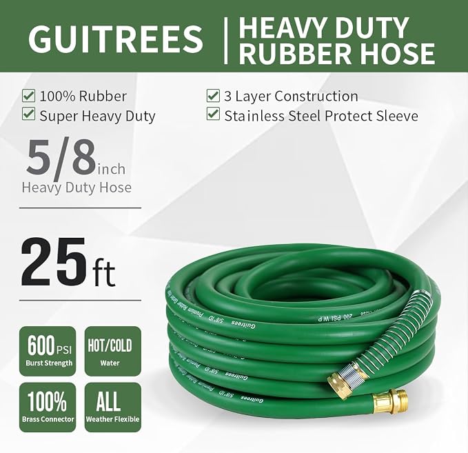 Guitrees 25FT 5/8 Heavy Duty Rubber Garden Hose - 300psi Working, 1000psi Burst - Hot/Cold Water - Five-Layered Braiding for Durability - Versatile for Gardening, Agriculture, Construction(Green)