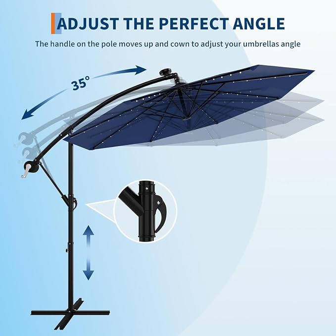 Garvee 10FT Solar Lights Offset Patio Umbrella with Cross Base, Cantilever Umbrella with Easy Lift & Tilt Adjustment, 8 Ribs Sun umbrella UV Protection for Backyard, Pool, Garden, Navy Blue