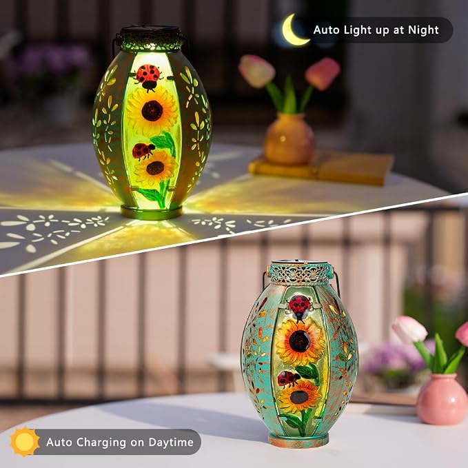 STARSOUL 2 Pack Solar Lantern Outdoor Waterproof, Hanging Solar Lantern for Patio Garden Yard Decor, Sunflower Garden Decor, Sunflower Gift for Women