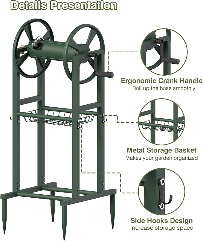 Freestanding Garden Hose Reel holds 125ft Hose of 5/8" with 4 Hooks, 4-Spike Outdoor Hose Holder with 3.9ft Leader Hose & Brass Fitting, Detachable Metal Hose Stand with Storage Rack, Green