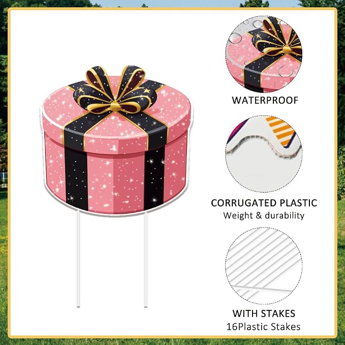 SUPERDANT 8Pcs Gift Boxes Yard Sign with 16 Stakes Gift Party Lawn Decorations Surprise Waterproof Sign for Outdoor Backyard Garden Birthday Decoration