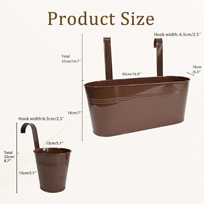 Set of 8 Outdoor Metal Railing Planters Box - 4 Pcs 5.12" Round Balcony Hanging Planter & 4 Pcs 17" Oval Fence Pot with Detachable Hooks Drainage, Chocolate