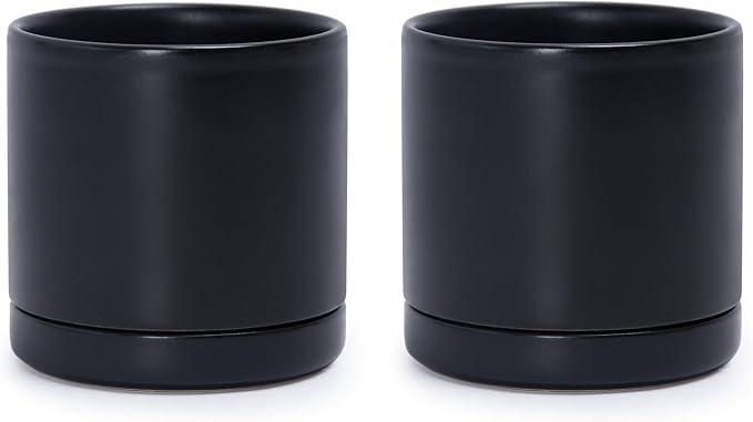 D'vine Dev Set of 2 Plants Pots, 3.5 Inch Ceramic Planter Pot for Plants with Drainage Hole and Saucer, Black, 94-V-A-2