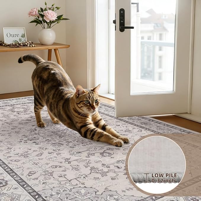 8x10 Area Rugs Living Room: Bedroom Washable Carpet Beige & Grey | Large Vintage Boho Indoor Decor Neutral Soft Nursery Farmhouse Dining Room Office Floor Non-Slip Low Pile Under Table Rug