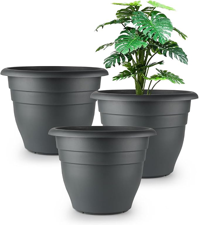 RooTrimmer 12 Inch Plant Pots, Large Planters for Outdoor Plants, Plastic Flower Pots - Durable and Lightweight with Drainage Holes (3 Packs, Gray)