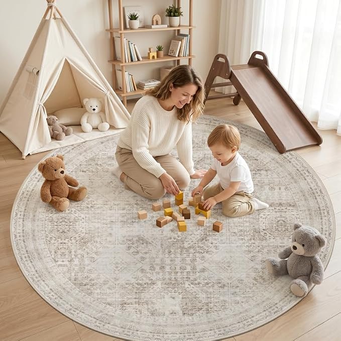 Round Area Rug Living Room: 8ft Neutral Washable Carpet Rug Brown | Vintage Boho Circle Soft Large Circular Carpet Bedroom Nursery Farmhouse Dining Room Indoor Decor Floor Non-Slip Under Table
