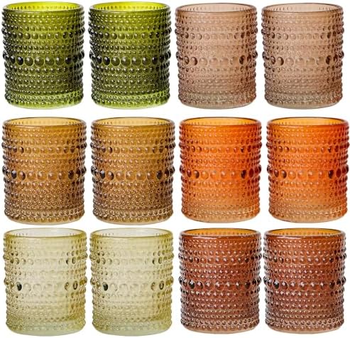 WDHODEC Glass Tealight Candle Holders Set of 12 - Brown Green Vintage Hobnail Votive Holders for Fall, Winter Wedding, Christmas Table Centerpiece Decor by WDHODEC