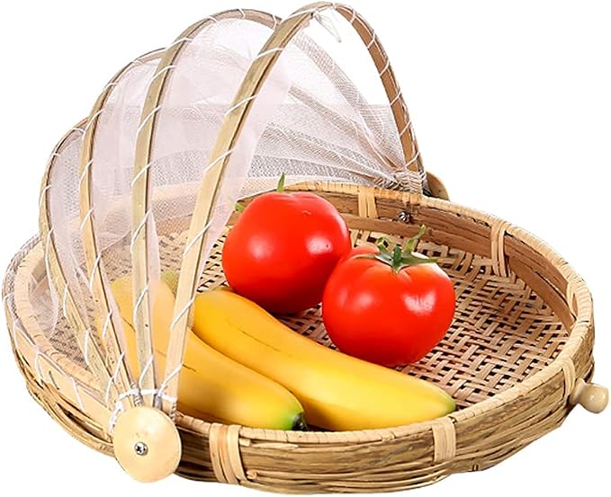 Mwellewm Food Bamboo Food Serving Tent Basket Hand-Woven Basket Serving Dustproof Round Picnic Basket Vegetable Fruits Bread Home Storage Basket with Mesh Gauze Cover Container