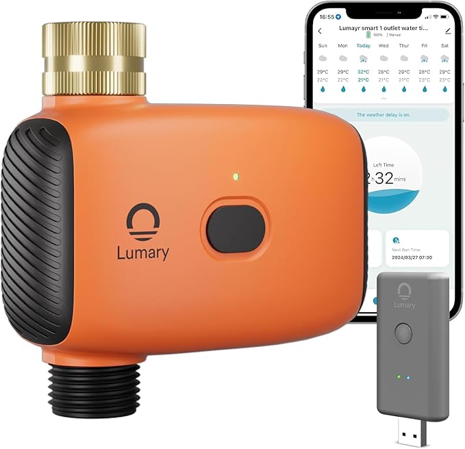 Lumary WiFi Water Timer for Garden Hose with Hub, Battery Sprinkler Timer for Watering Brass Inlet Outdoor, Rain Delay/Remote/Manual/Auto Drip Irrigation System Programmable Faucet, Work with Alexa