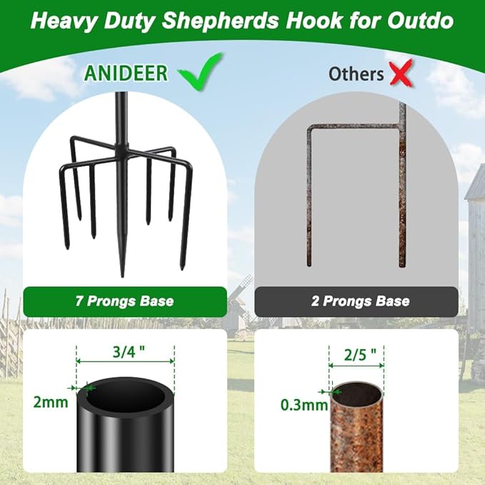 ANIDEER 84" Shepherds Hooks for Outdoor, Heavy Duty Garden Bird Feeder Pole Hanging Bird Feeder, Solar Light Lanterns, Outdoor Plant Hanger Hook with 7 Base Prongs, 2 Packs