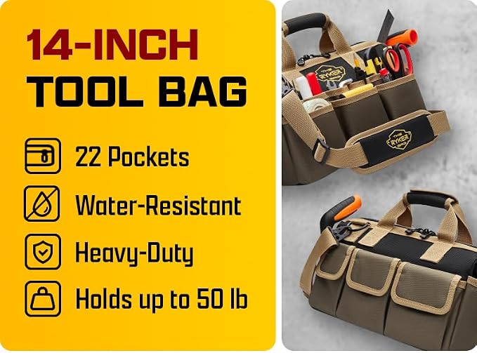 The Ryker Heavy Duty Tool Bags for Men/Women. 14 Inch Small Wide Mouth Mechanic/plumber/Contractor/Electrician Tool Bag Organizer 22Pockets Soft Portable Tools Bags Organizer Toolbag for plumbing