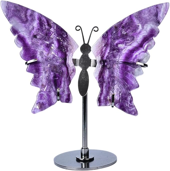 JIC Gem Purple Fluorite Crystals and Stones Crystal Butterfly Art Angel Wings Sculpture Carving,Healing Crystal Ornaments Energy Decorative Stone Reiki Gifts (1pair, 10cm)