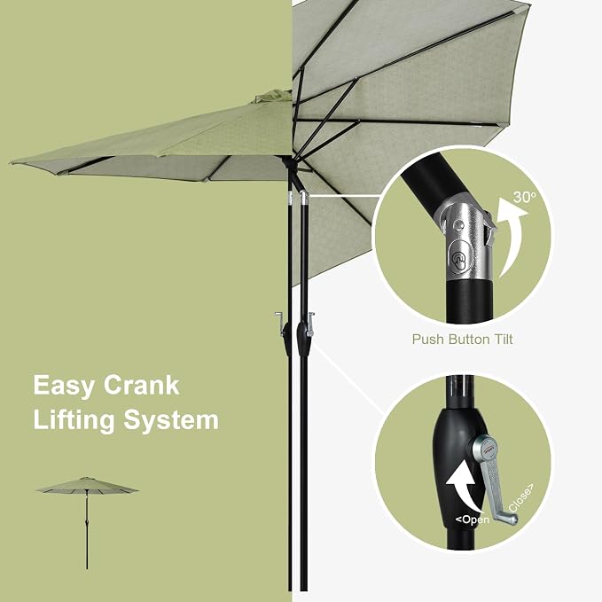 Tempera Striped Patio Umbrellas Outdoor Table Market Umbrellas with Crank & Pust Button Tilt|Auto-Tilt, 8 Steel Ribs, High Color-Fastness Canopy