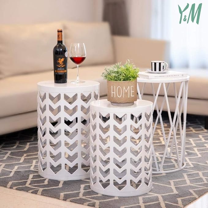 Y&M Outdoor Side Tables Set of 3, Round Heavy Duty Metal Nesting End Tables, Stacking Patio Accent Tables for Outside, Balcony, Garden, Porch, Indoor & Outdoor, White