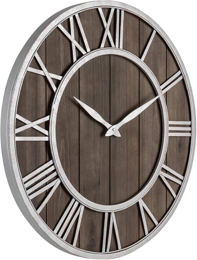 Oldtown Farmhouse Metal & Solid Wood Noiseless Wall Clock (Dark Brown, 18-inch)