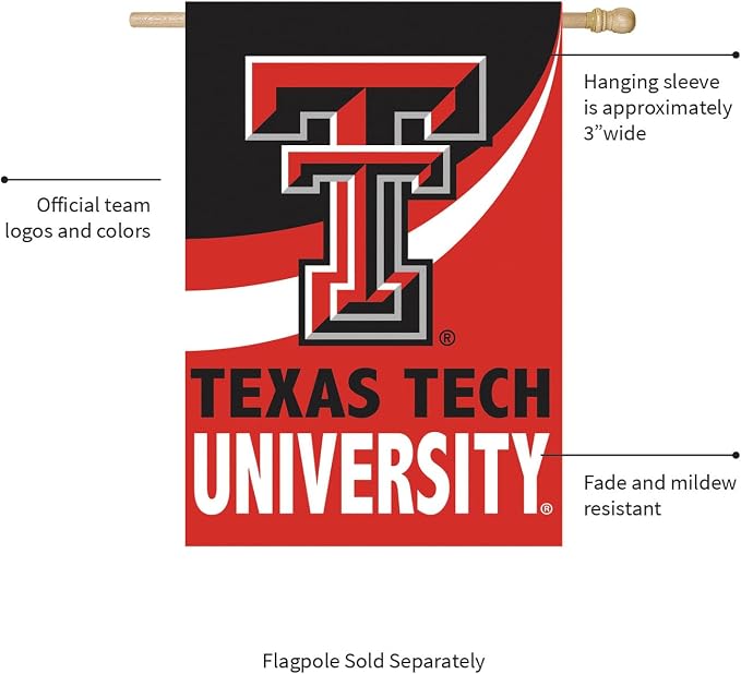 NCAA Texas Tech University House Flag, 28 x 44, Double Sided Garden Flags for Outside, Outdoor College Flags & Banners for Gardens Patio, Indoor Wall Decor Flag for Room