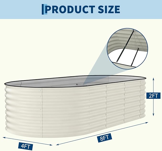Garvee 2 Pack 8x4x2ft Galvanized Raised Garden Bed Kit, Oval Metal Planter Boxes with Anti-Cut Safety Edges, Rust-Resistant Deep Root Planters for Outdoor Vegetables, Flowers, Herbs, Beige
