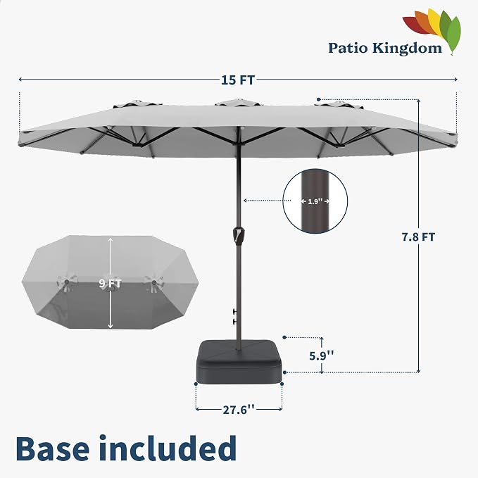 15FT Double Sided Patio Umbrella with Base Included Large Outdoor Market Umbrella with Crank Handle, UV Resistant Canopy, Sturdy Frame for Garden, Poolside, Deck, Light Gray