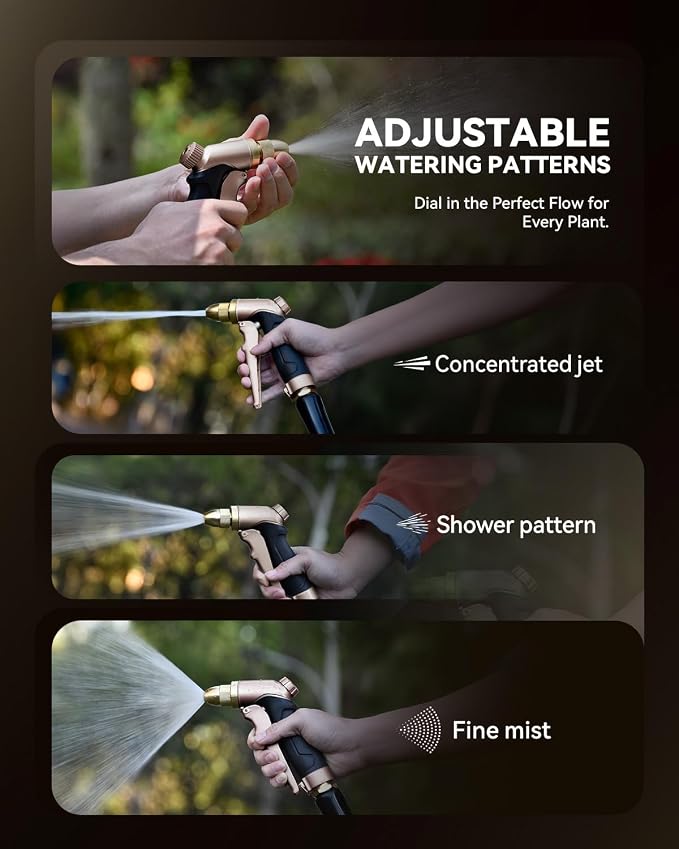 RAINPOINT Garden Hose Nozzle, 100% Heavy Duty Metal Hose Sprayer, High Pressure Water Hose Nozzle with Adjustable Spray Patterns and Flow Control for Watering Plants, Car Washing, Pet Washing, Brown