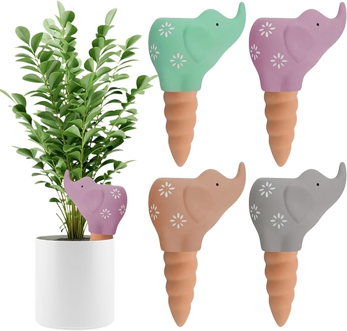 4Pcs Plant Watering Globes, Kalolary Elephant Shape Self Watering Spikes Terracotta Drip Water Stakes Irrigation Watering Bulbs for Pot, Indoor, Outdoor, Vacation