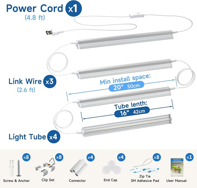 T5 Grow Lights for Seedlings, 10W x4, LED Grow Lights for Seed Starting | 16" Long Light Bars x4, Full Spectrum +660 nm Red, Plant Lights for Indoor Growing, 4000K White, Grow Strips for Shelf/Rack