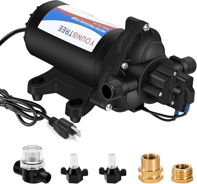 YOUNGTREE RV Water Pressure Diaphragm Pump 110V 4.0GPM 50PSI On Demand Fresh Water Transfer Pump 110Volt AC with Garden Hose Adapters for Irrigation Home Pool Draining Sprinkler
