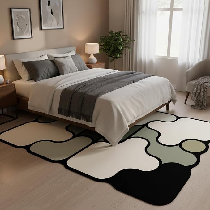 Stylish Organic Shaped Rug for Living Room Bedroom Diningroom Hallway Dorm Beige Black Green Irregular Geometric Pattern Funny Carpet Non Shedding Soft Thin Washable Quick Dry Low Pile Mats 7x10