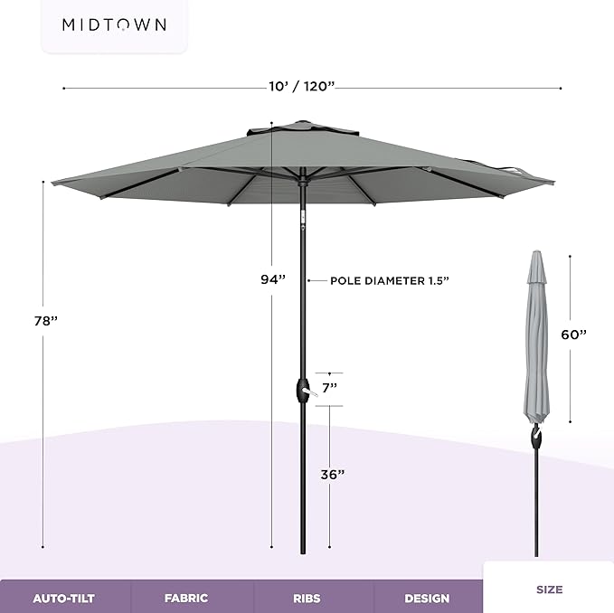 Midtown Umbrellas - 10-Year-No-Fade 10 Ft Patio Umbrella with Terylast Fabric, Auto-Tilt Aluminum Frame and 8 Reinforced Ribs for Deck, Pool, Garden & Beach - Matter Grey Canopy, Black Pole