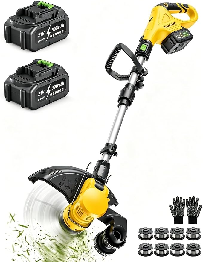 DEGGE Cordless Electric Weed Wacker, 2X 3.0Ah/ 21V/ 12" Battery Powered Weed Eater, 2 in 1 String Trimmer & Lawn Edger with Auto Feed, 650W Motor, 8 Spools for Yard Garden Sideway (Charger Included)