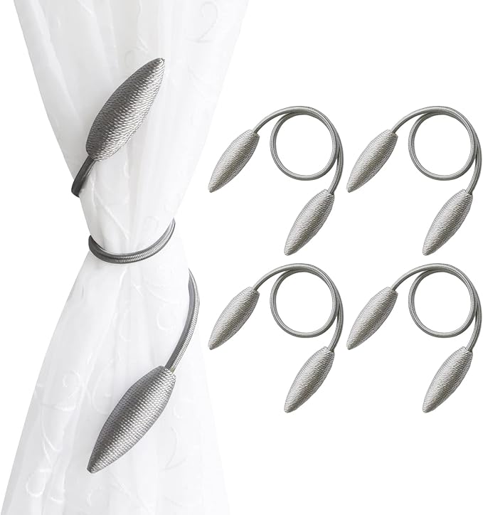 Valea Home 4 Pieces Curtain Tiebacks Clips Creative Window Drape Twist Tie Backs European Style Custom Made Curtain Holders Decorative Draperies Holdbacks, Silver Grey