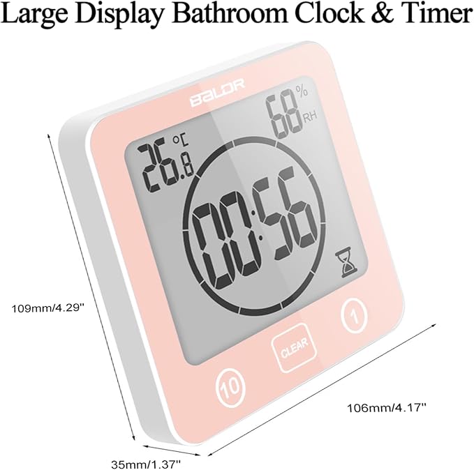 Rohome Digital Timer Waterproof Wall Clock, Kitchen Countdown Timer, Shower Clock with Temperature Humidity, Mirror Suction Cup Bathroom Timer, Wall Hanging for Bath Spa Basement Swimming Pool (Pink)