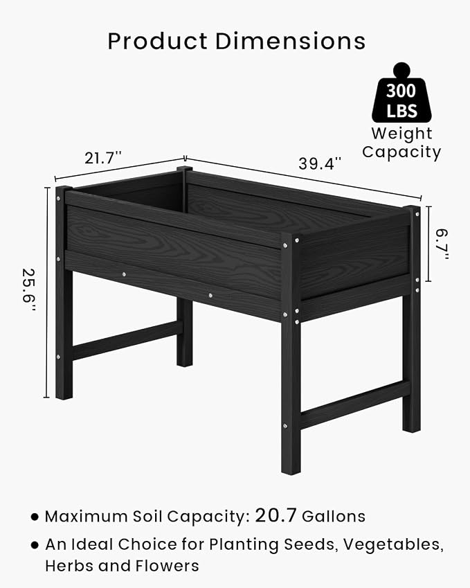 Weatherproof Raised Garden Bed, HDPE Outdoor Elevated Planter Box with Legs, Garden Box, Flower Beds for Patio, Deck, Balcony (Black)