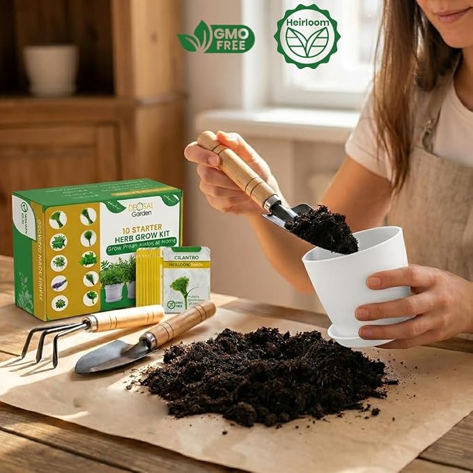 47 PCS Herb Garden Seeds Starter Kit, 10 Non-GMO Culinary Herb Seeds with White Pots & Planters for Windowsill, Herb Growing Kit Indoor & Outdoor, Unique Herb Garden Gift Set for Gardening Lovers